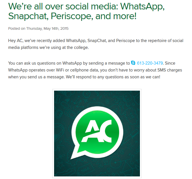 Algonquin College highlights its WhatsApp college use on a blog, shown in this screenshot.