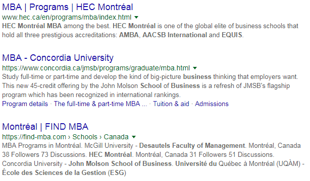 results for MBA schools in Montreal for schools conducting education keyword research