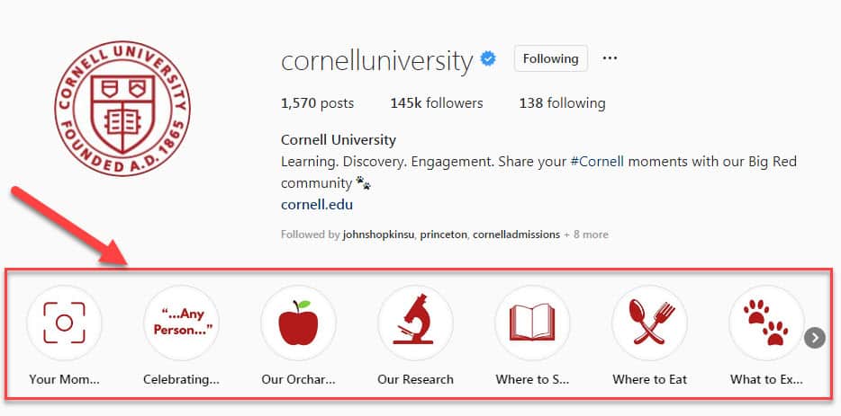 screenshot of a school's instagram profile that uses highlights