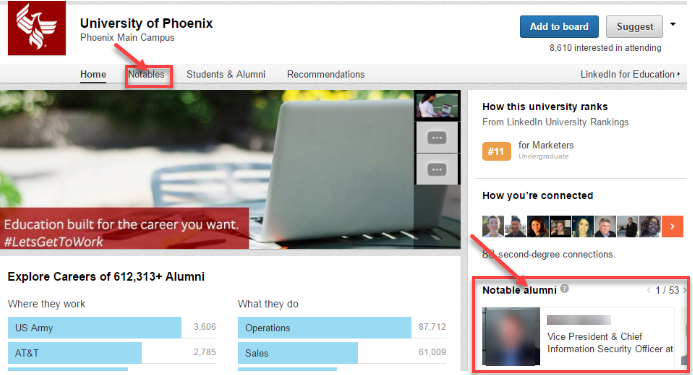 example of how to use higher ed social media marketing with notables on linkedin
