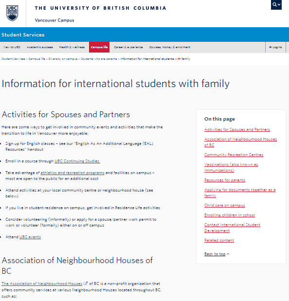 UBC international student families