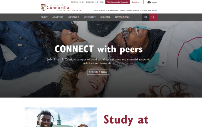 Screenshot of good UX design by Concordia University for generating student leads