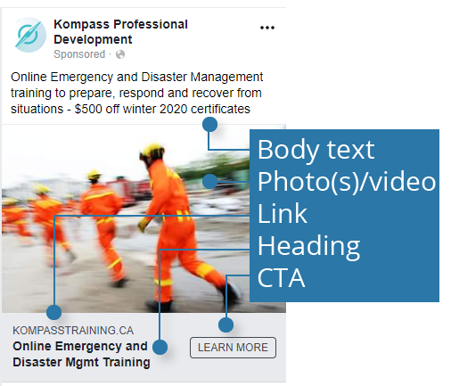 image of a Facebook Ad overview with body text, photo, link, heading, and CTA shown