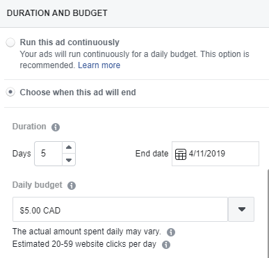 image of an example facebook ads duration budget of five days and five dollars