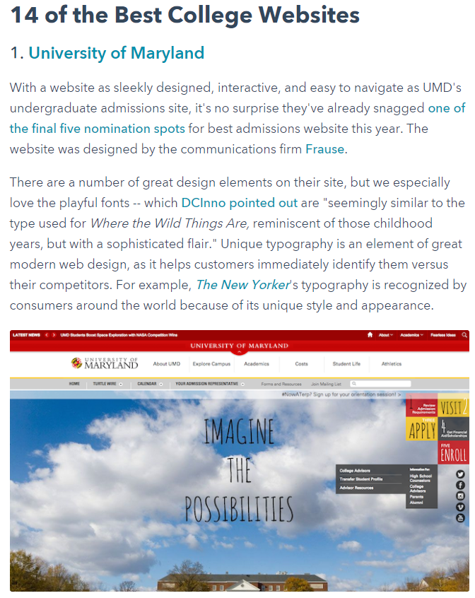 Showing a university being featured on a reputable third-party website as an example of strong SEO for education websites
