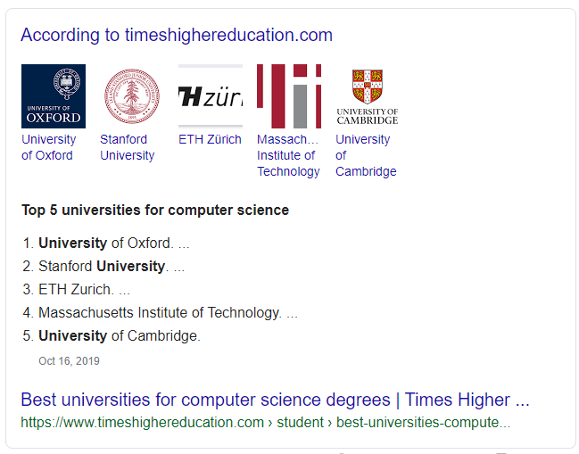 A screenshot of a featured snippet in Google, showing an effective higher ed SEO strategy.
