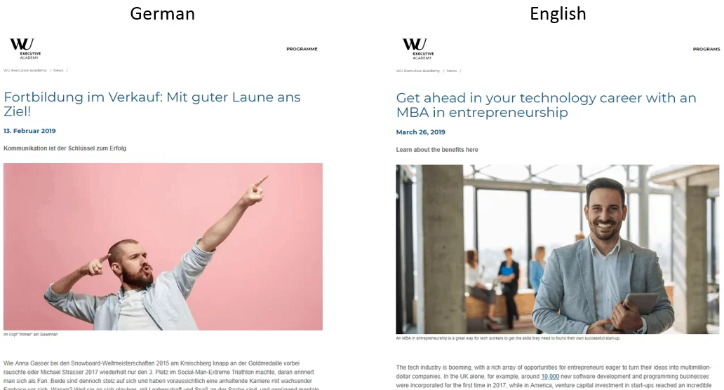 A before and after screenshot showing multilingual blog posts as an example of multilingual SEO for schools