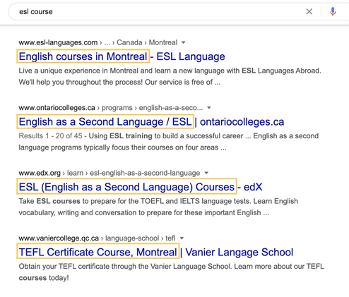 image of sample google search for seo keywords for schools