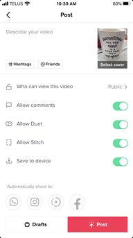 A screenshot of the post settings on TikTok.