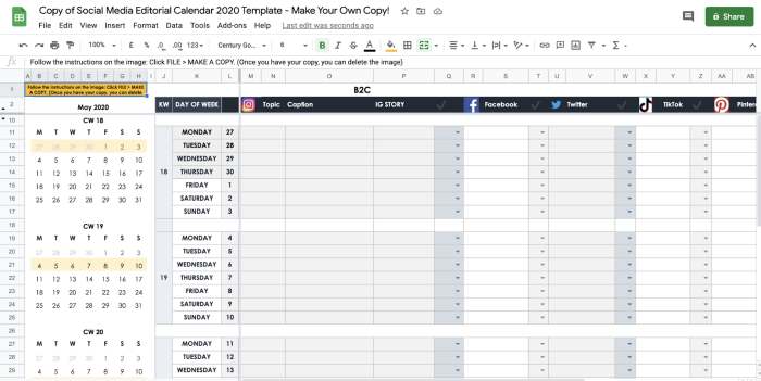 This type of social media content calendar can be used to organize school social media posts