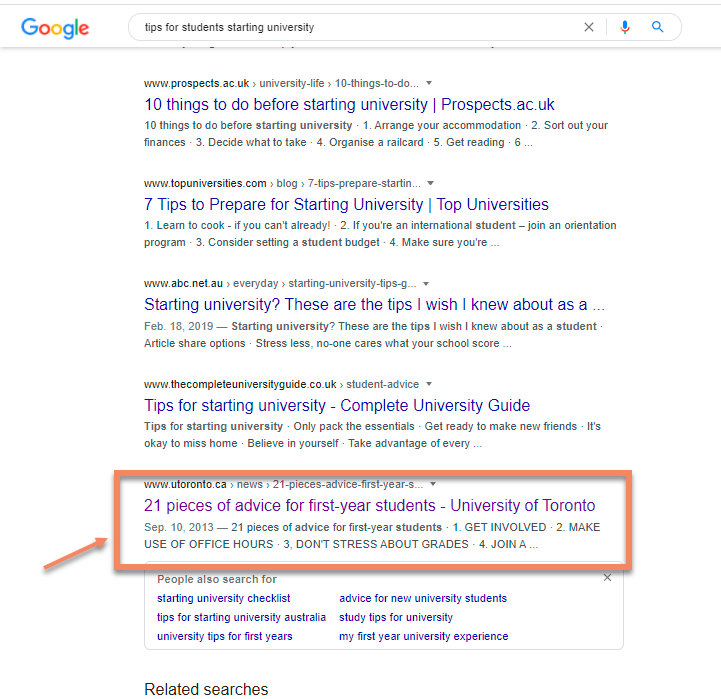 image showing google search results of a blog post as part of a higher education content marketing plan