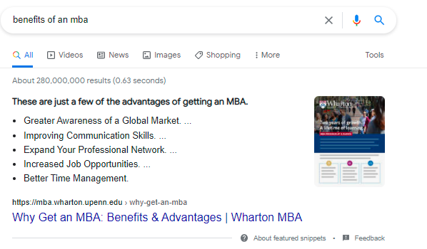 An example of a featured snippet in Google, showing benefits of an MBA