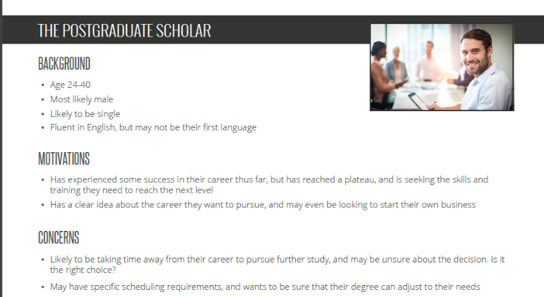 Sample persona used in SEO for education marketing