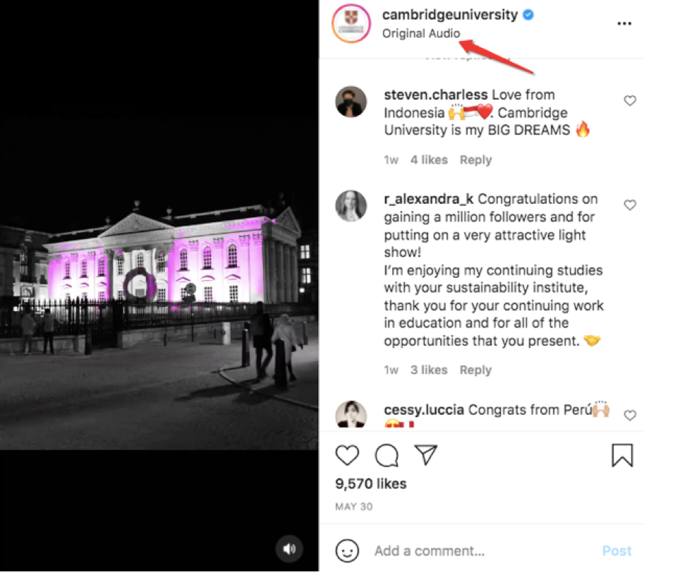 Image showing how to promote a school on social media with the use of original audio for Instagram reels
