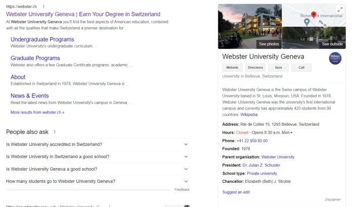 Optimizing your Google My Business listing can help with local SEO and education marketing, as shown here with Webster University Geneva's listing