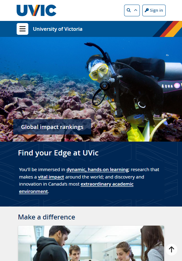 Showing a mobile-optimized view of University of Victoria's website to showcase good education marketing SEO 