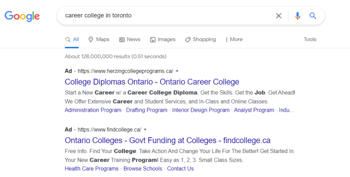 A search engine results page shows a paid ad for schools considering how to market to college students.