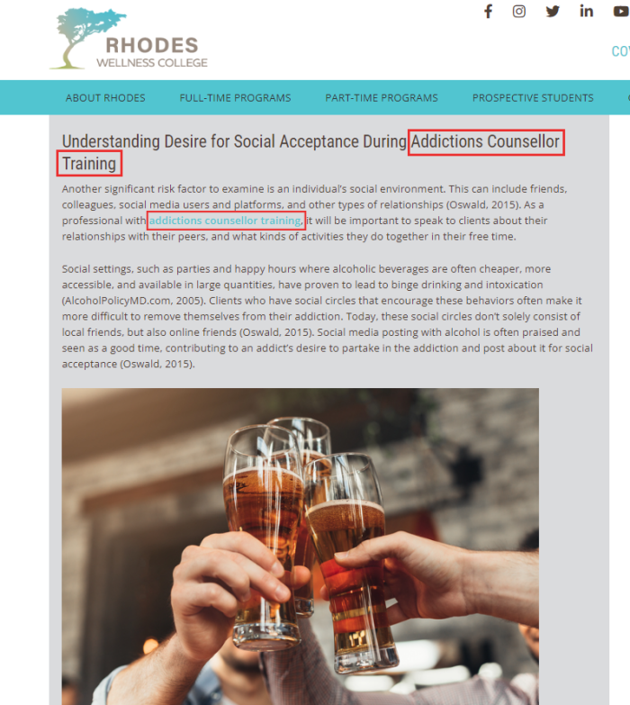 A screenshot of a Rhodes Wellness College blog post that uses keywords in the title and text 