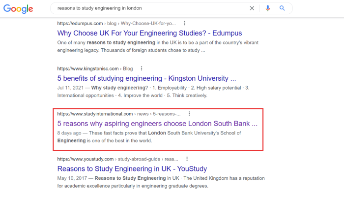 Backlinks can improve search engine marketing for higher education, showing the article on the first page of the SERP