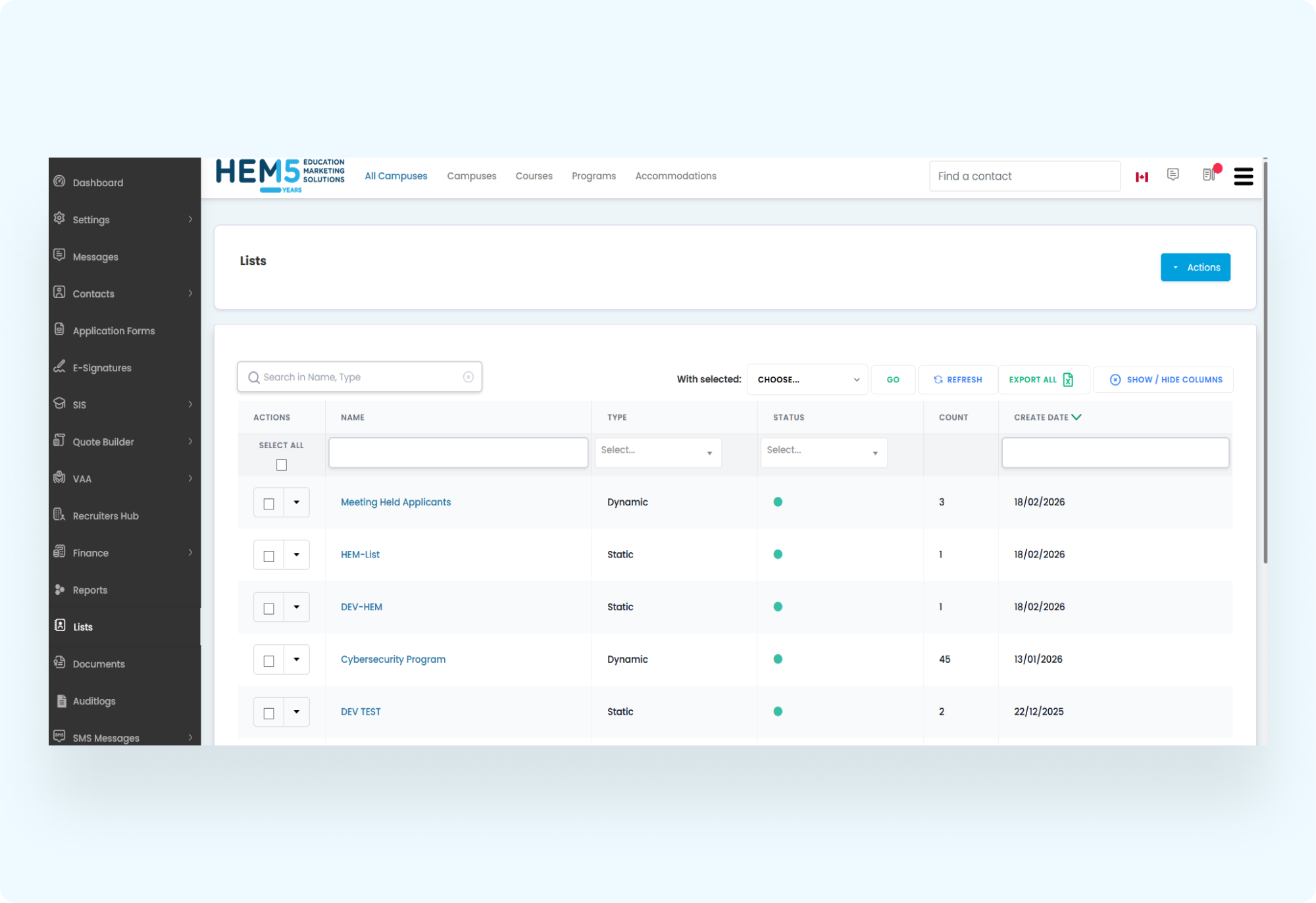 Accessing the Lists Area
