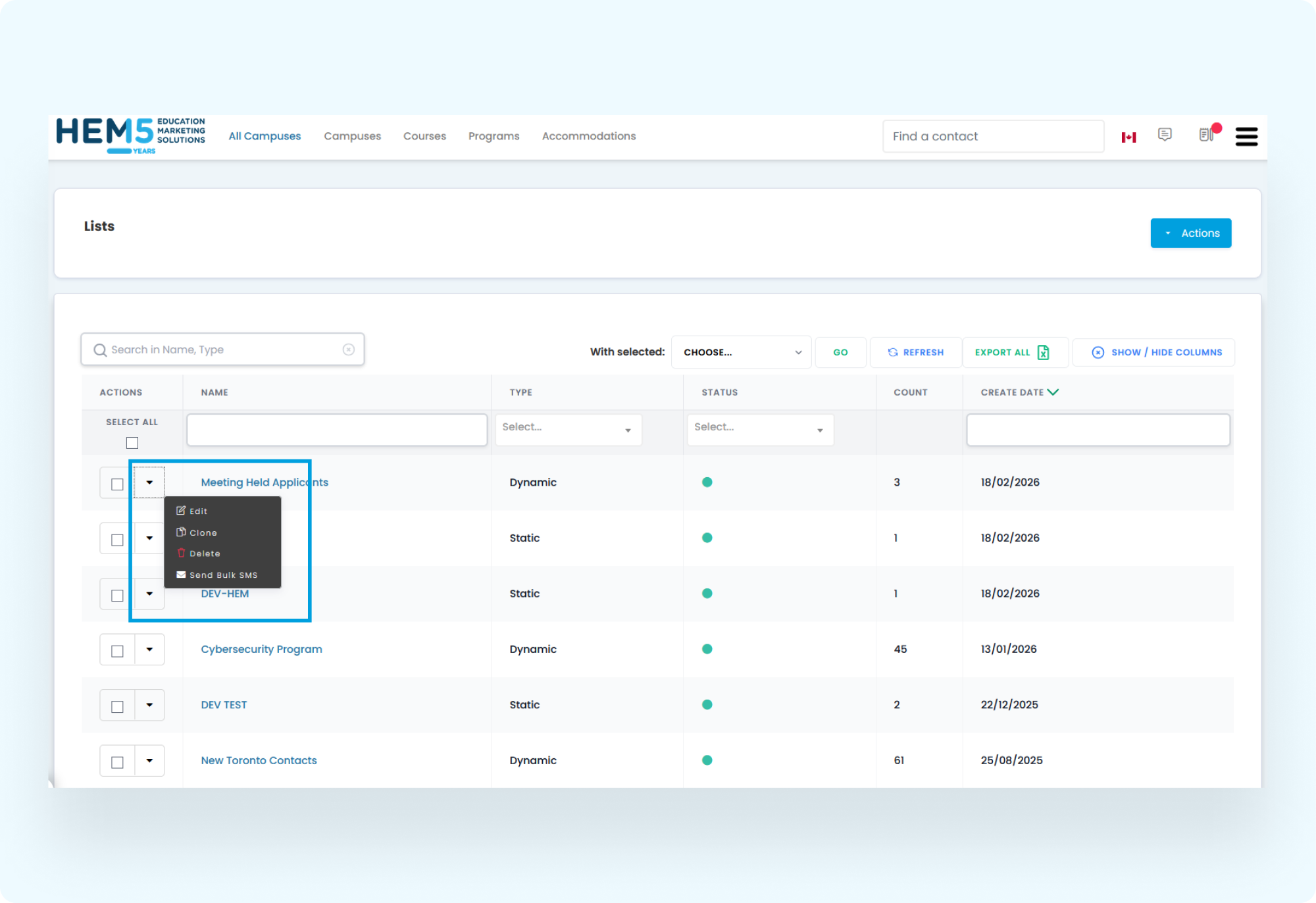 Managing Existing Lists (Actions Menu)
