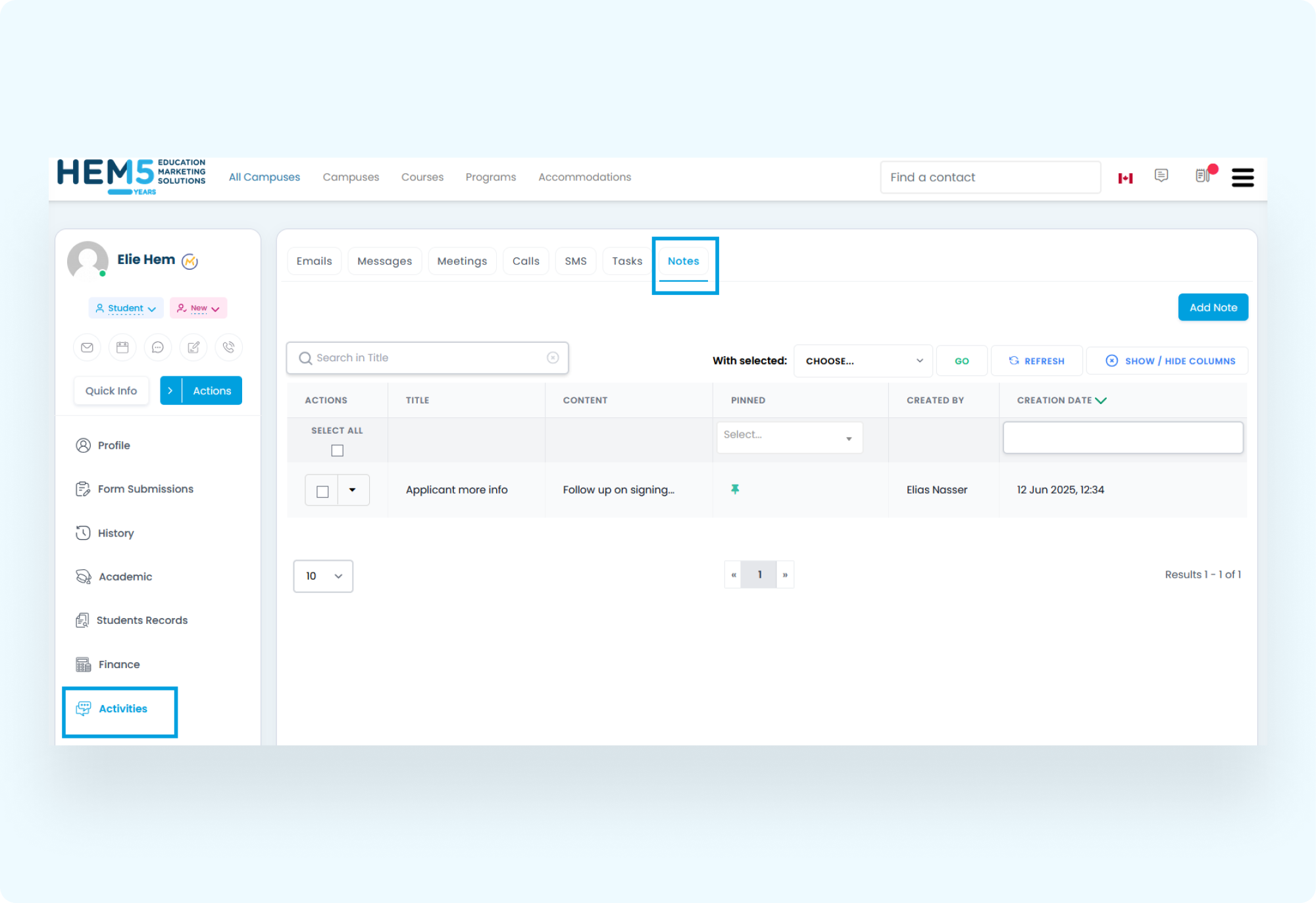 Accessing Notes for a Contact