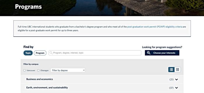 The webpage displays UBC undergraduate program search tools, including topic filters, campus selections, degree dropdowns, and keyword search functionality. Informational text explains post-graduation work permit eligibility for international students completing degree programs at the university.