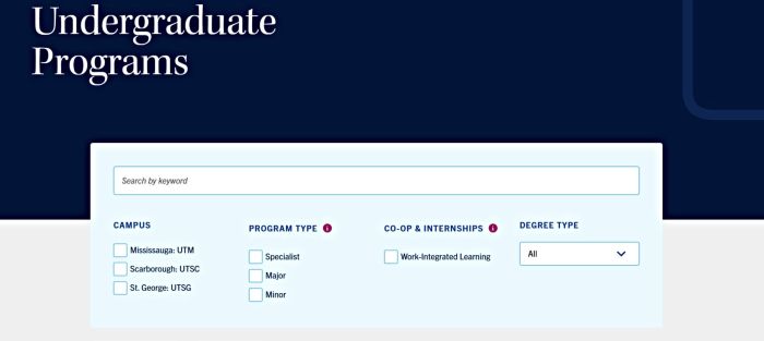 The screenshot shows a university undergraduate programs webpage featuring a keyword search bar and filtering options for campuses, program types, co-op opportunities, and degree categories The clean layout highlights prospective students exploring academic pathways efficiently.