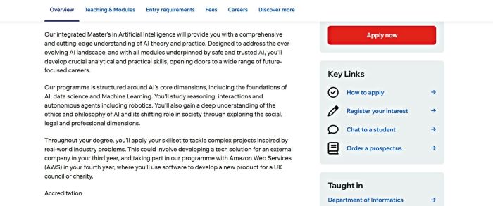 This image presents an integrated Artificial Intelligence master’s program overview describing coursework, AI foundations, machine learning, robotics, ethics, and industry projects A sidebar includes application prompts, informational links, and department details supporting students researching degrees.
