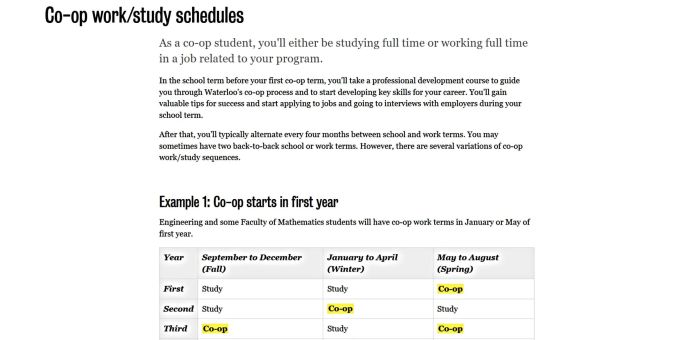 The webpage explains university co-op work and study schedules, outlining alternating academic and employment terms for students Text describes professional development preparation, while a highlighted table illustrates study and co-op sequences for mathematics programs clearly.