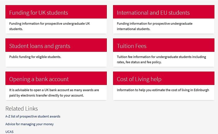 This university funding webpage displays informational panels covering financial support topics for undergraduate students, including tuition fees, grants, loans, banking, and living expenses Separate sections address domestic and international students, alongside links providing management resources.