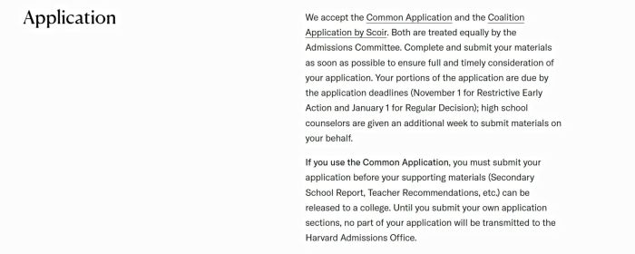 The screenshot presents a university application information page explaining submission procedures through the Common Application and Coalition Application platforms Detailed paragraphs describe deadlines, materials, counsellor submissions, and instructions ensuring applicants complete sections before reaching offices.