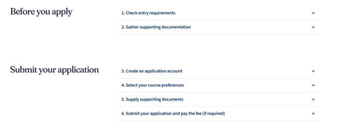 The webpage outlines a university application process using expandable sections covering entry requirements, supporting documentation, account creation, course preferences, and final submission steps The minimal design emphasizes navigation, guiding applicants through preparation and requirements efficiently.