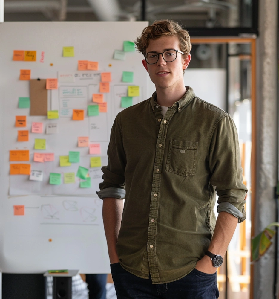 Marketing specialist in front of planning board
