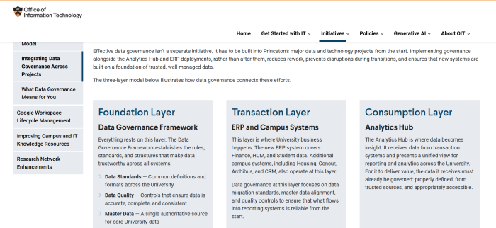Princeton webpage explains a three-layer data governance model spanning foundation, transaction, and analytics consumption systems.