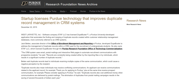 Purdue news article details DupeBuster technology for identifying and merging duplicate records within CRM databases.