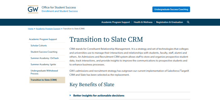 George Washington University webpage introduces Slate CRM, explaining prospective student data management and key benefits.