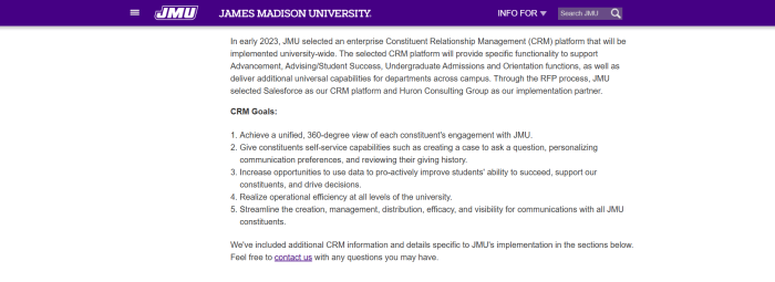 James Madison University webpage outlines Salesforce CRM implementation goals, including unified data, service, and efficiency.