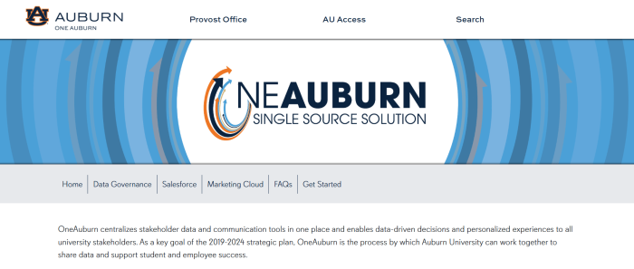 Auburn University webpage presents OneAuburn, a centralized platform supporting shared data and stakeholder communications campuswide.