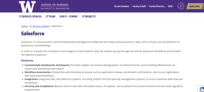 University of Washington Nursing webpage describes Salesforce features for admissions, marketing, automation, integration, and security.