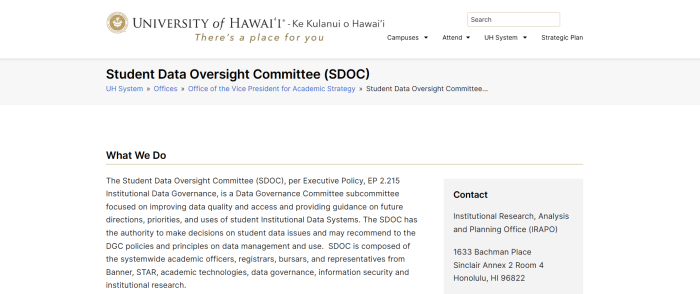 University of Hawaiʻi webpage describes Student Data Oversight Committee’s governance responsibilities, membership, and contact information.
