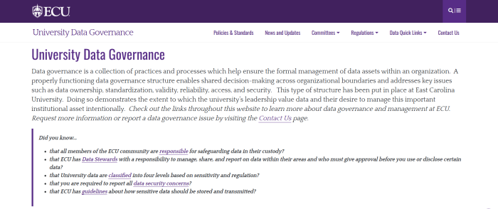 East Carolina University webpage explains data governance practices, responsibilities, classifications, security standards, and reporting procedures.