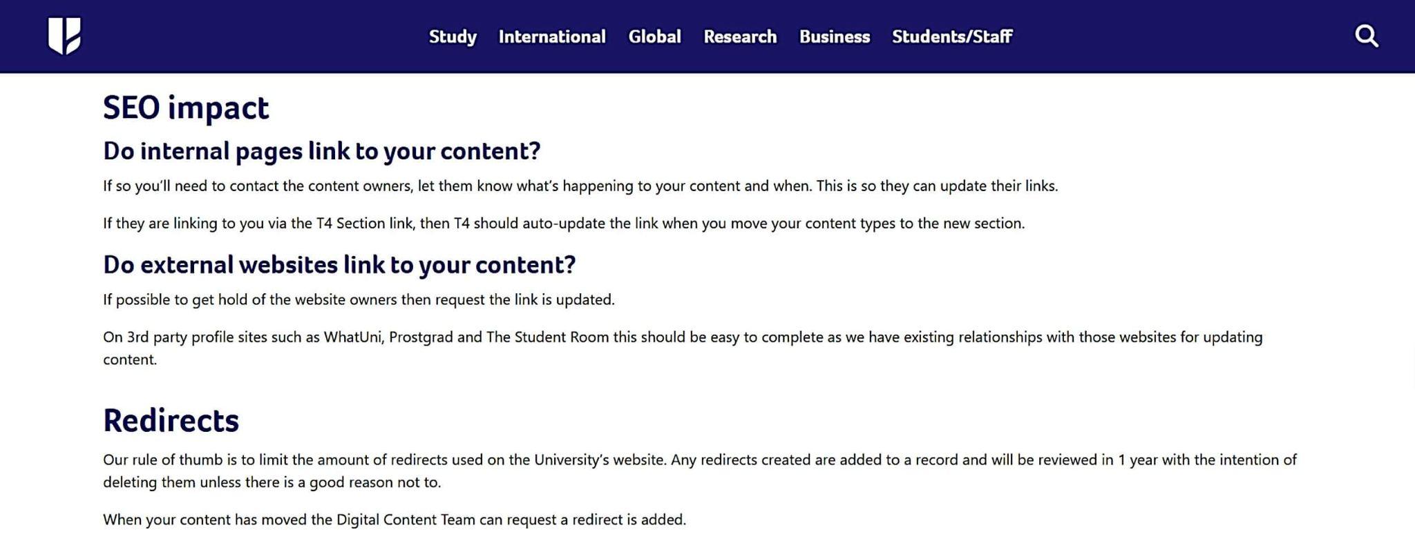 University of Huddersfield guidance on external links and redirects