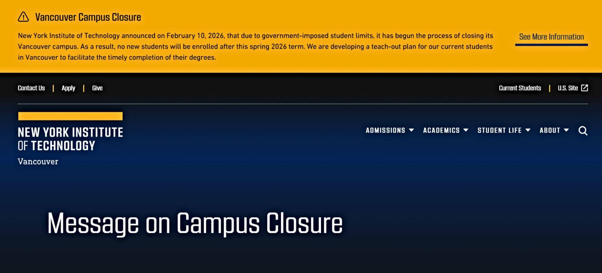 New York Tech notice announcing the Vancouver campus closure and end of new enrollments
