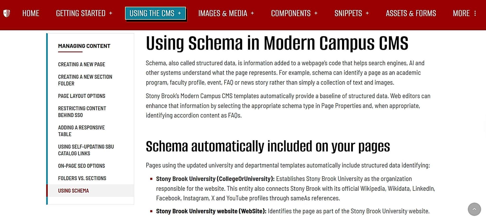 Stony Brook University guidance on using schema in Modern Campus CMS