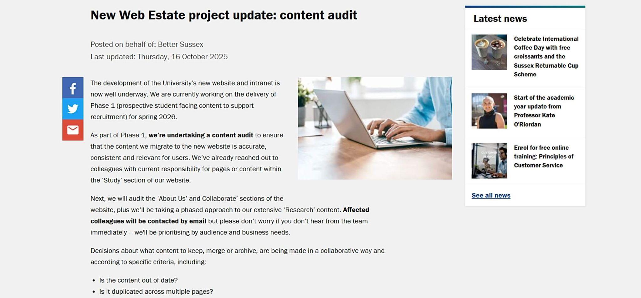 University of Sussex announcement of its website content audit