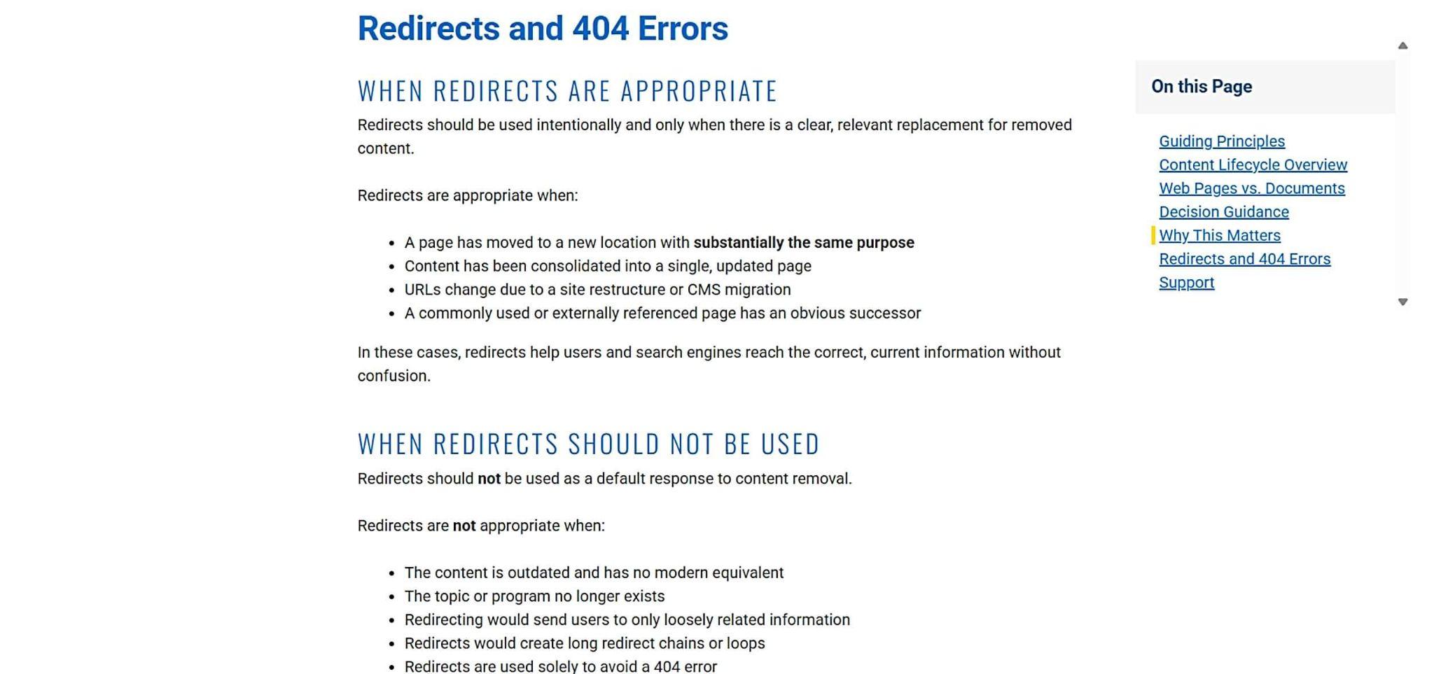 UMKC guidance on when redirects and 404 responses are appropriate