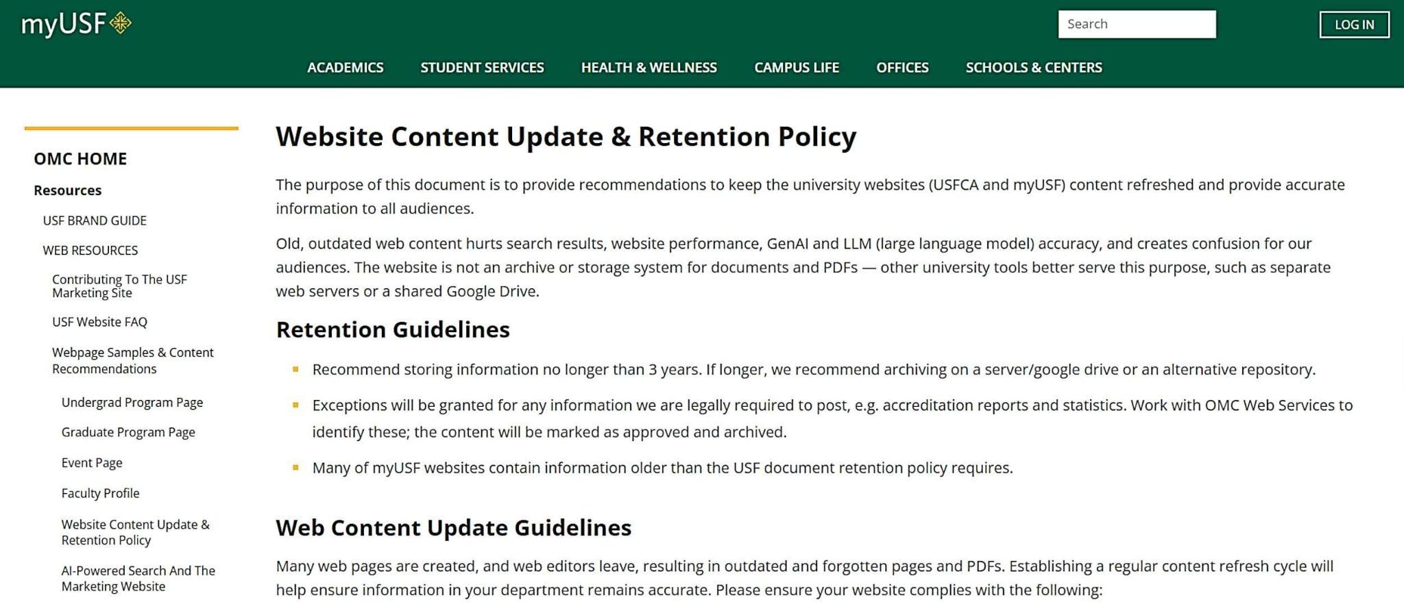 University of San Francisco website content update and retention policy