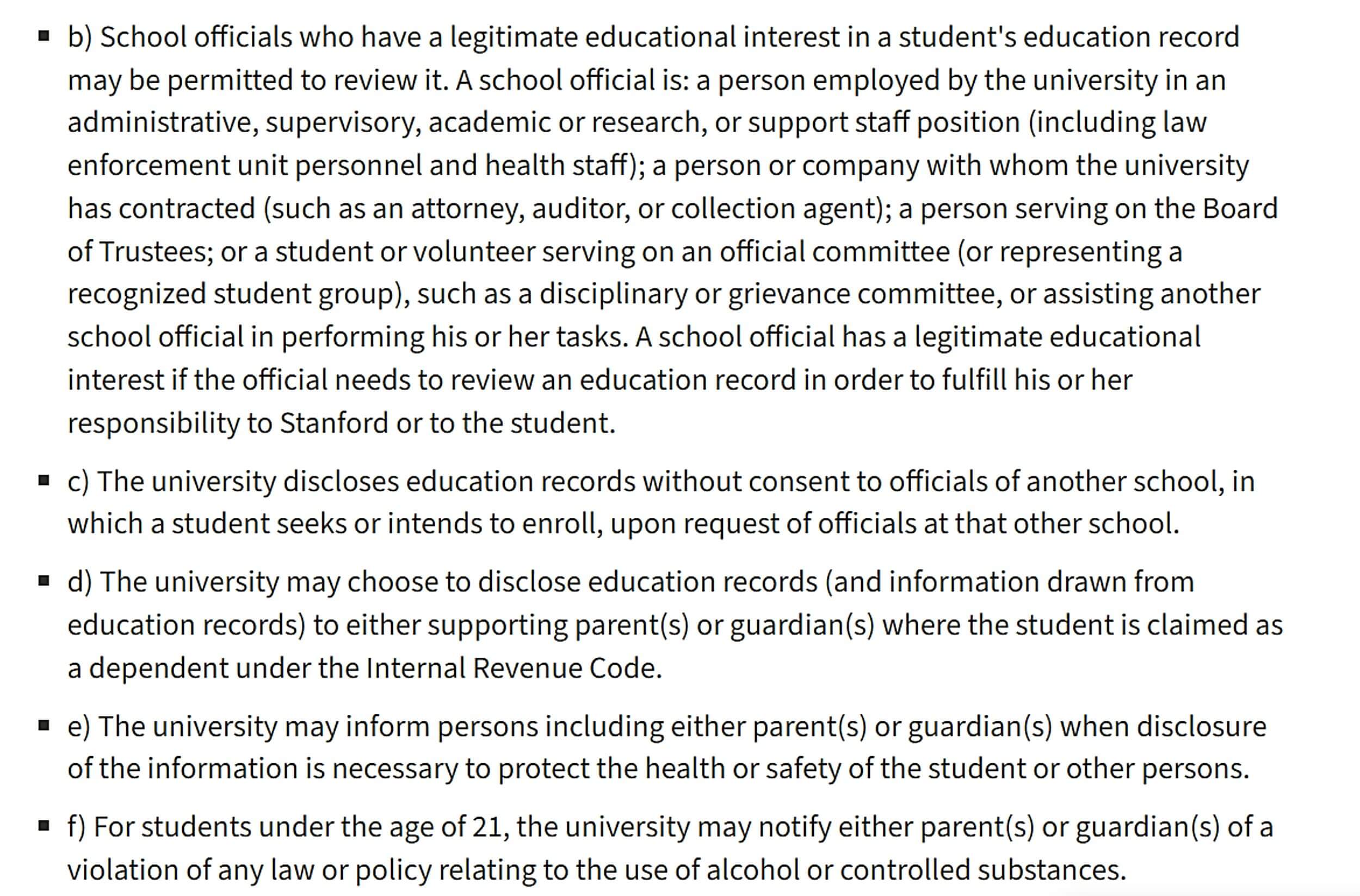 Stanford FERPA policy explaining school officials’ access to education records based on legitimate educational interest.