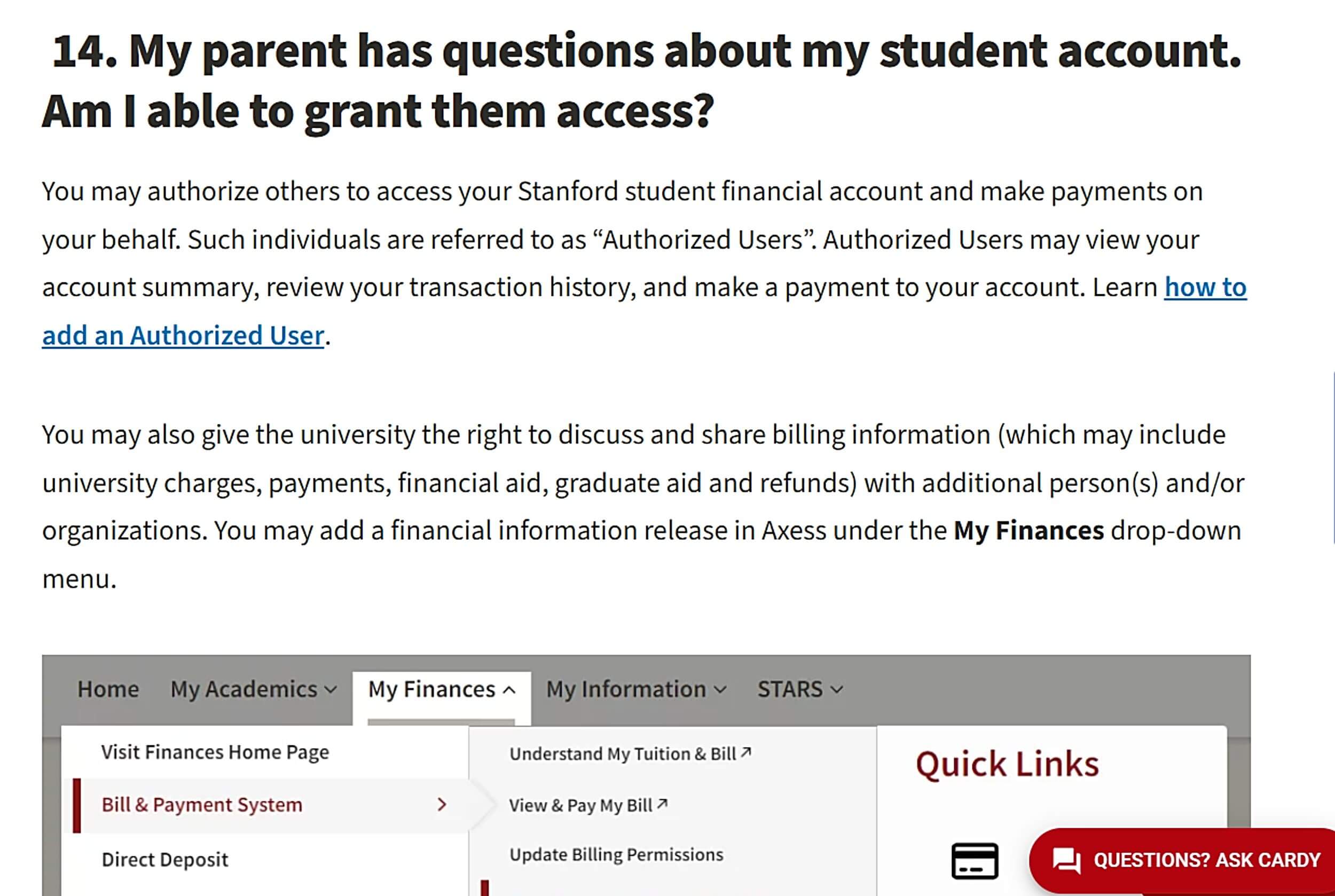 Stanford guidance on granting authorized users access to student financial accounts and billing information.